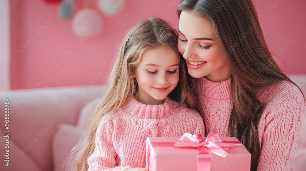 A young girl is sitting next to her mother, both of them smiling and holding a pink gift. Generative AI A young girl is sitting next to her mother, both of them smiling and holding a pink gift. Generative AI