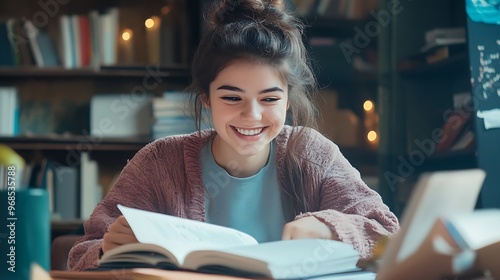 A student closing a textbook with a smile, surrounded by finished notes and study materials, ready to leave the desk