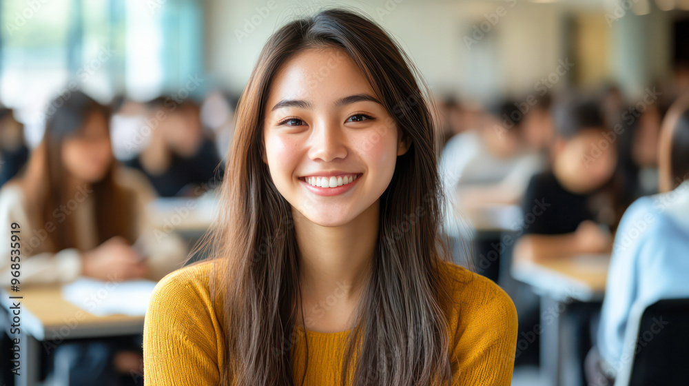 Portrait of a smiling Asian female student sitting in a university classroom. Generative AI Portrait of a smiling Asian female student sitting in a university classroom. Generative AI