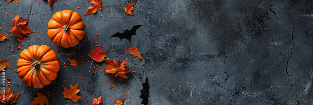 autumnal Halloween background with pumpkins and bats, autumn leaves autumnal Halloween background with pumpkins and bats, autumn leaves