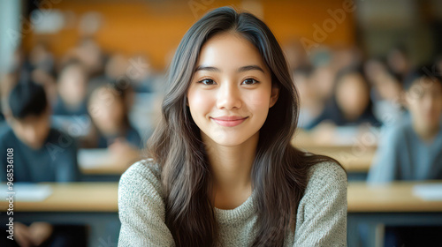 Portrait of a smiling Asian female student sitting in a university classroom. Generative AI