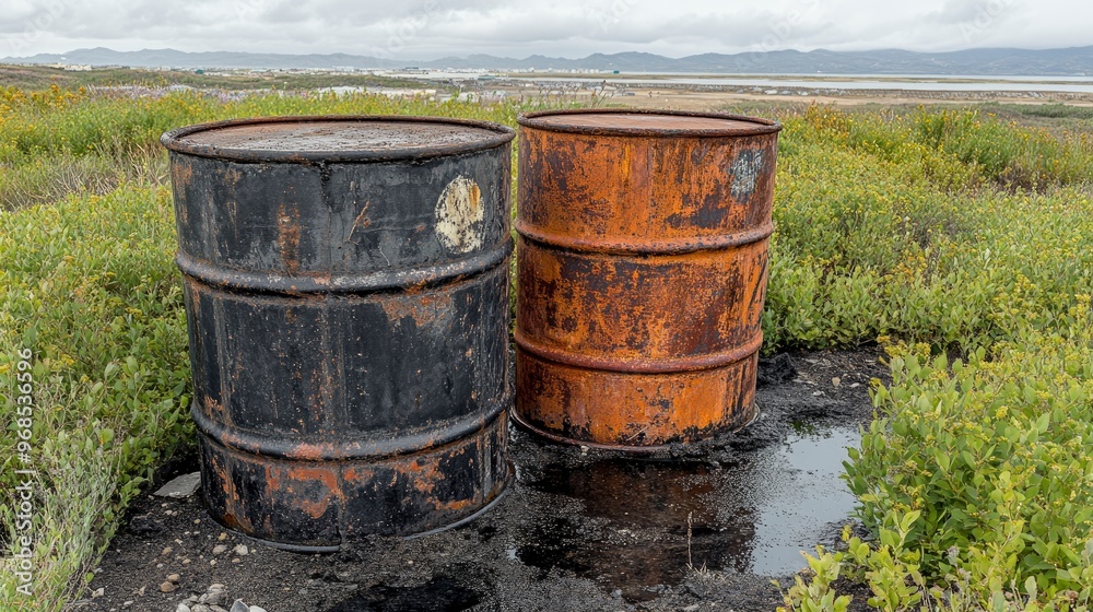 Abandoned oil drums, rusting in a field, overgrown weeds, overcast sky Abandoned oil drums, rusting in a field, overgrown weeds, overcast sky