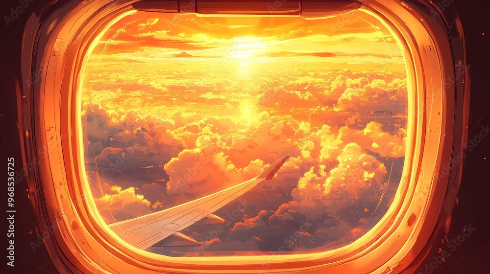 Airplane window, looking out at fluffy clouds, wing visible, golden hour sunlight Airplane window, looking out at fluffy clouds, wing visible, golden hour sunlight
