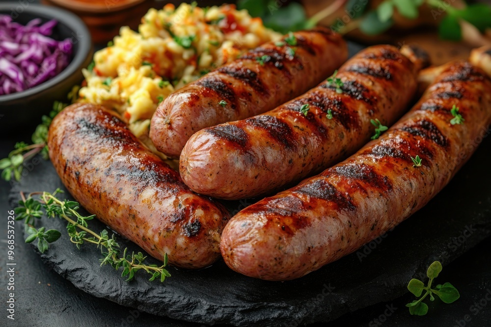 Grilled pork sausages, mustard dipping sauce, rustic wooden board, fresh herbs garnish, barbecue food, gourmet sausages, sausage platter, grilled meat, charred sausages, artisanal sausages Grilled pork sausages, mustard dipping sauce, rustic wooden board, fresh herbs garnish, barbecue food, gourmet sausages, sausage platter, grilled meat, charred sausages, artisanal sausages
