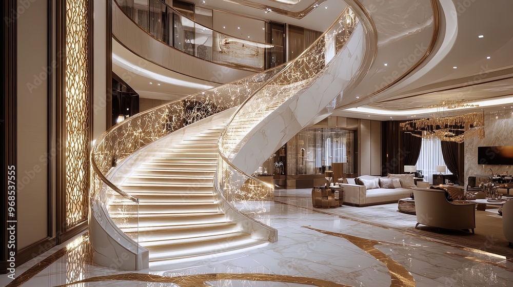 Luxurious Grand Marble Staircase with Artistic Golden Patterns and Chic Modern Living Area: Perfect for a Sophisticated Interior Poster or Décor Inspiration Luxurious Grand Marble Staircase with Artistic Golden Patterns and Chic Modern Living Area: Perfect for a Sophisticated Interior Poster or Décor Inspiration