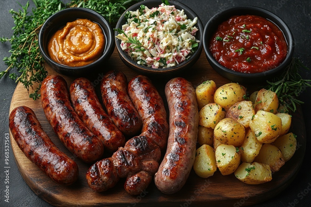 Grilled pork sausages, mustard dipping sauce, rustic wooden board, fresh herbs garnish, barbecue food, gourmet sausages, sausage platter, grilled meat, charred sausages, artisanal sausages Grilled pork sausages, mustard dipping sauce, rustic wooden board, fresh herbs garnish, barbecue food, gourmet sausages, sausage platter, grilled meat, charred sausages, artisanal sausages