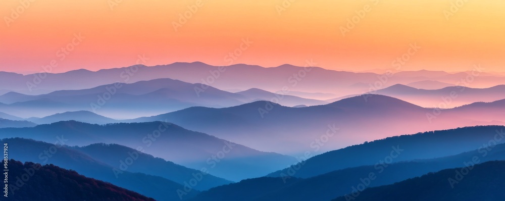 Mountain landscape with colorful sunset, tranquil
