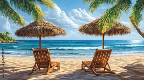 Wallpaper Mural Beach chairs, under a thatched umbrella, palm trees swaying, bright sunny day Torontodigital.ca