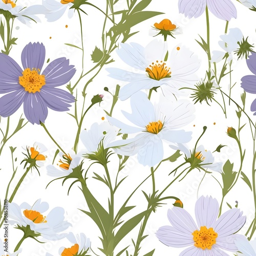 Seamless pattern with cosmos flowers
