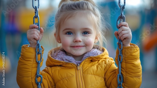 Little girl on a swing set smiles at the camera.