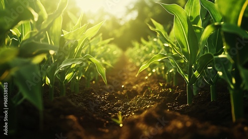 cultivated Sweet Corn field, earth day concept, plant in the ground, green world photo