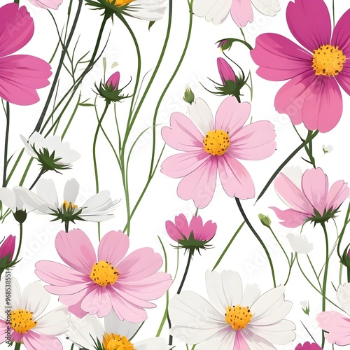 Seamless pattern with cosmos flowers
