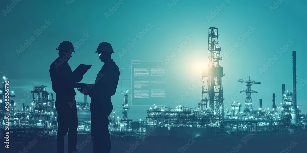 Industrial Workers Discussing Operations at Oil Refinery. Industrial Workers Discussing Operations at Oil Refinery.