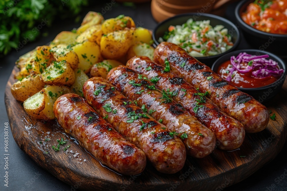 Grilled pork sausages, mustard dipping sauce, rustic wooden board, fresh herbs garnish, barbecue food, gourmet sausages, sausage platter, grilled meat, charred sausages, artisanal sausages