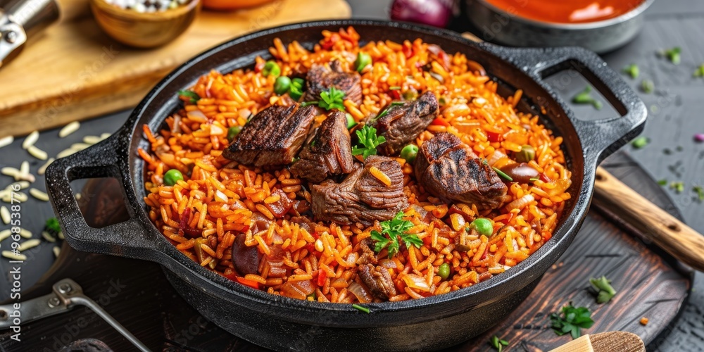 Jollof Rice and Fried Beef in a Cast Iron Pot with a Smoky Flavor