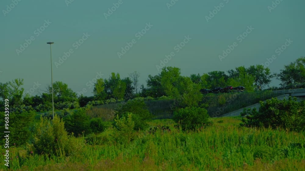A blue semi-truck car hauler drives through a scenic rural landscape at dusk, surrounded by lush green fields and trees. A blue semi-truck car hauler drives through a scenic rural landscape at dusk, surrounded by lush green fields and trees.