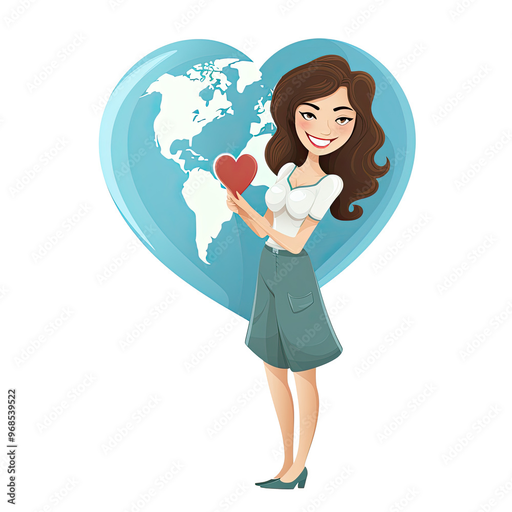 An illustration of a woman holding a red heart and a heart-shaped globe