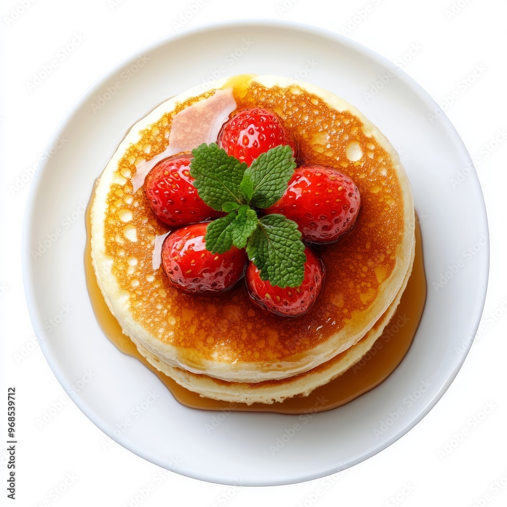 Fluffy pancake topped with syrup and strawberry isolated on white background.