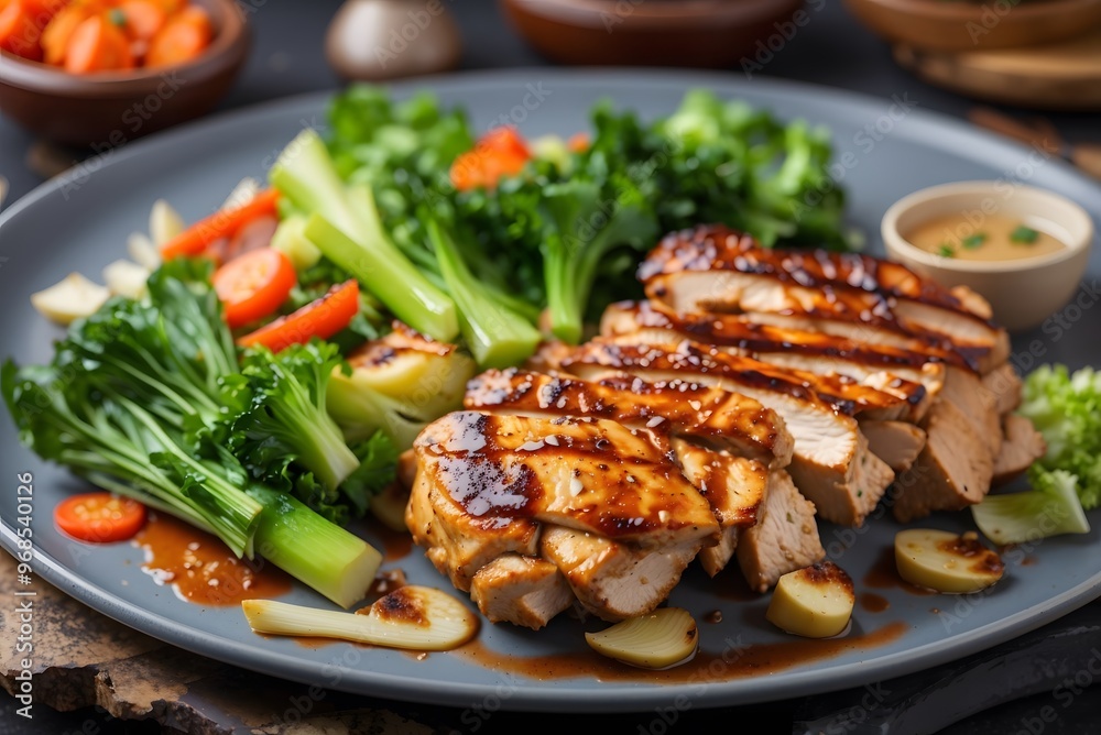 Grilled chicken fillet on skewers in teriyaki sauce. Asian style.
Grilled chicken fillet on skewers in teriyaki sauce. Asian style.
