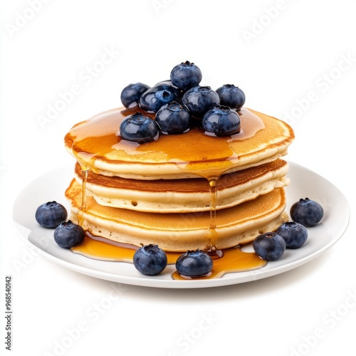 Fluffy pancake topped with syrup and blueberry isolated on white background.