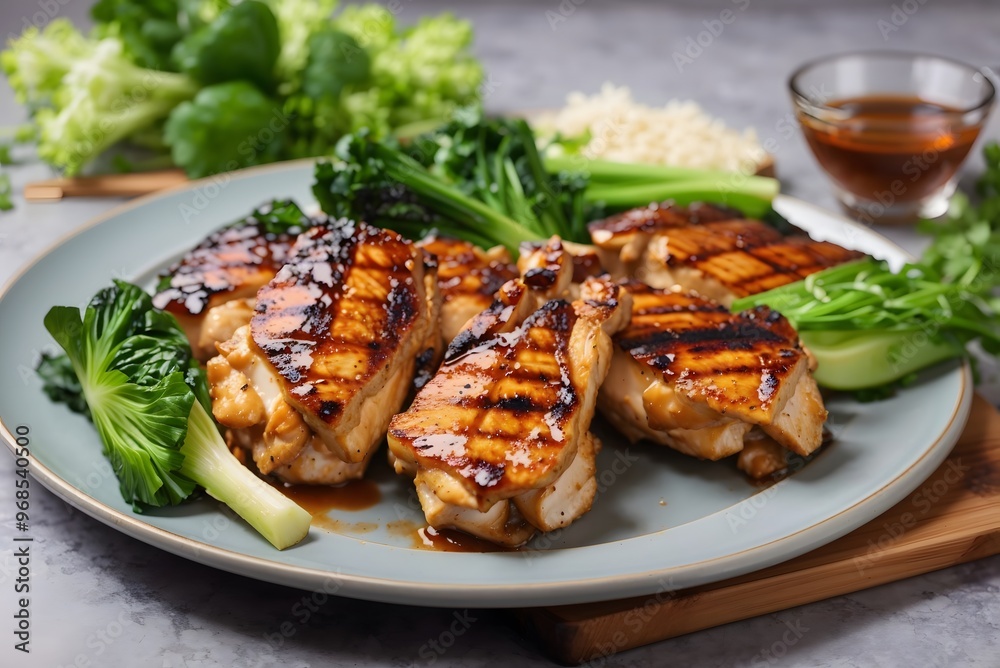 Grilled chicken fillet on skewers in teriyaki sauce. Asian style.
Grilled chicken fillet on skewers in teriyaki sauce. Asian style.