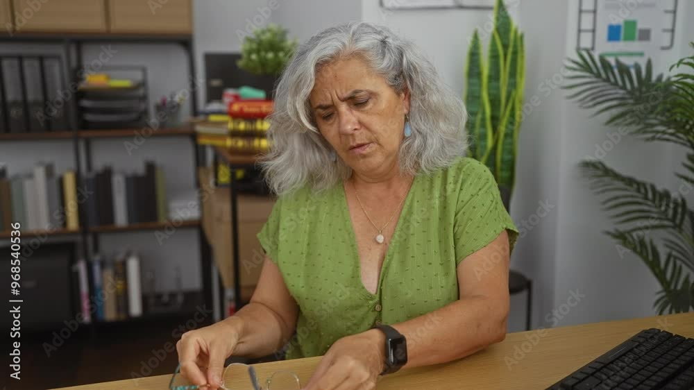 Middle-aged woman with grey hair feeling tired, removing glasses, checking the time, and drinking coffee at her office desk filled with papers, books, and potted plants. Middle-aged woman with grey hair feeling tired, removing glasses, checking the time, and drinking coffee at her office desk filled with papers, books, and potted plants.