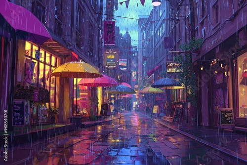 A Tranquil Rainy City Street With Colorful Umbrellas And Cozy Shops With Glowing Windows. Cozy Vibe, Generative AI photo