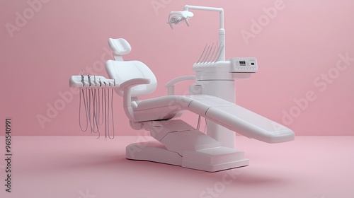 Dental hygiene room, tools for cleaning teeth, reclined dental chair, bright focused light photo