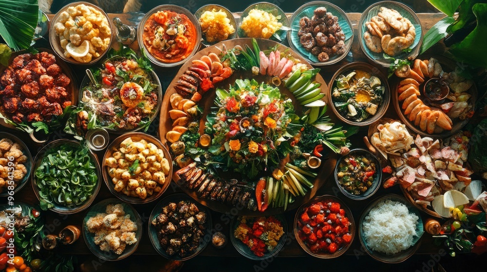 Diwali feast, table filled with traditional dishes, family enjoying, warm and inviting light