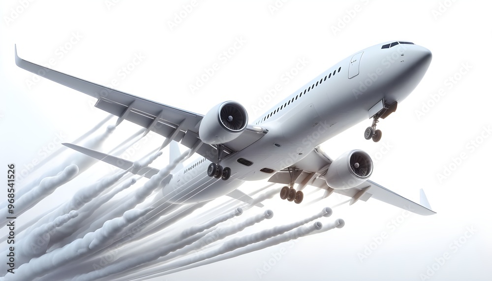 White commercial airplane in dynamic ascent isolated on white, travel concept. 3D Rendering White commercial airplane in dynamic ascent isolated on white, travel concept. 3D Rendering