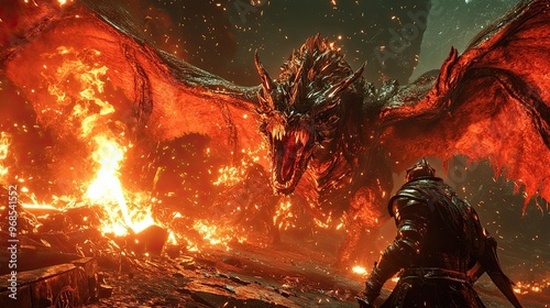 13. A dynamic scene of a player character battling a giant dragon in an epic medieval setting, with flames, magic spells, and detailed textures bringing the fantasy world to life.