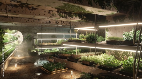 Innovative urban underground farm in abandoned subway tunnels photo