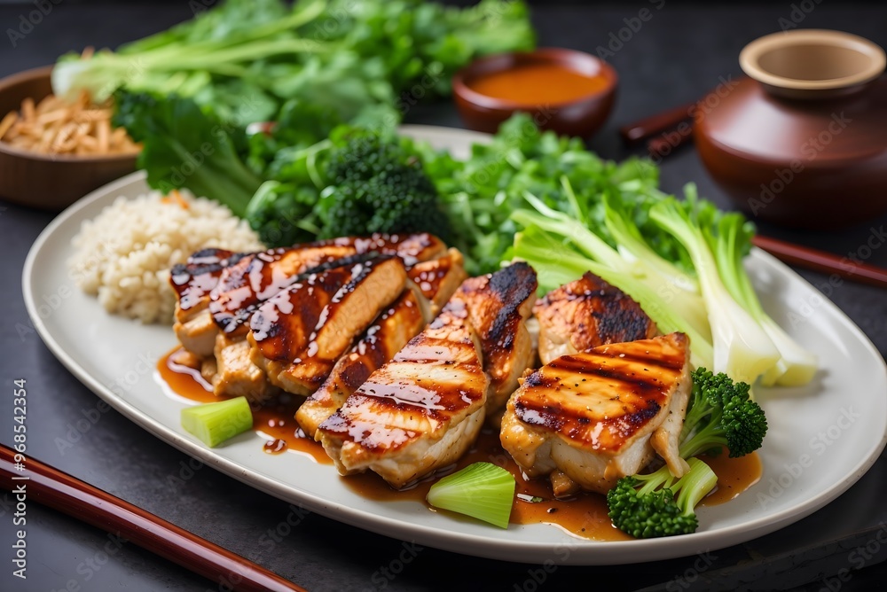 Grilled chicken fillet on skewers in teriyaki sauce. Asian style.
Grilled chicken fillet on skewers in teriyaki sauce. Asian style.