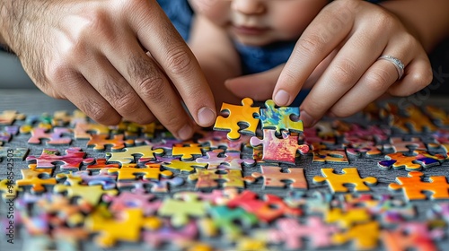 Father and daughter, building a puzzle, close-up on hands, wooden table, ambient light