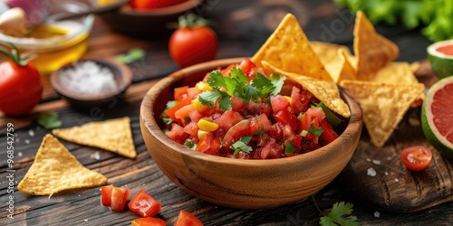 Classic salsa dip in a wooden bowl with corn nacho chips and ingredients on a table