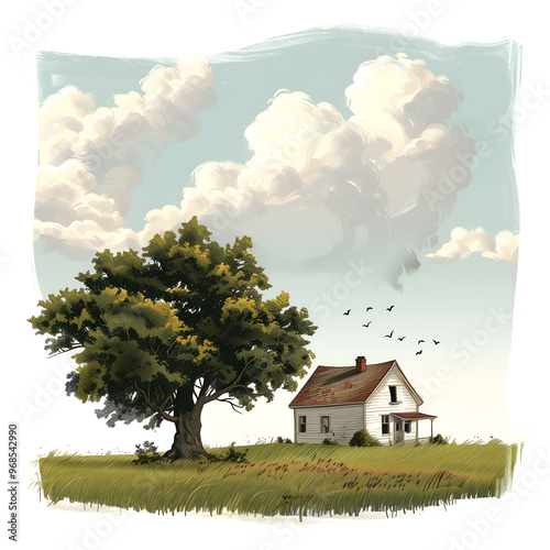 Cartoon style image of a small detached house on the lawn. There is a big tree next to the house.