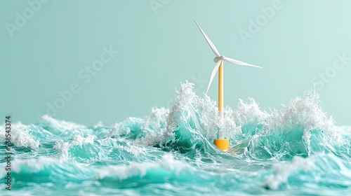 Floating wind turbine, anchored offshore, waves crashing, clear sky photo