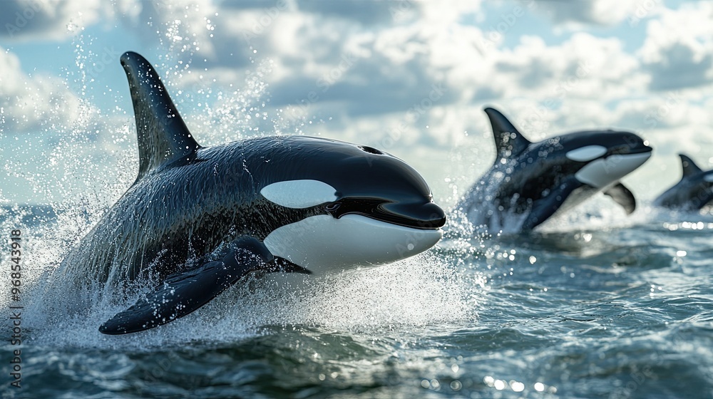 Obraz premium 14. Photorealistic image of a pod of orcas breaching the surface of the water in a synchronized display, with splashes of water and the vast ocean horizon in the background.