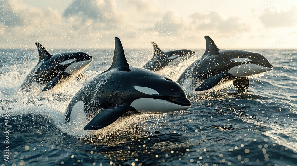 Obraz premium 14. Photorealistic image of a pod of orcas breaching the surface of the water in a synchronized display, with splashes of water and the vast ocean horizon in the background.