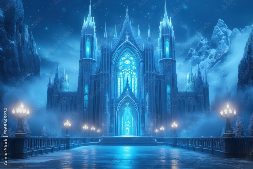 Fototapeta premium Frozen Majesty: An ethereal ice castle glows under a starlit sky, its icy spires reflecting the magic within. 