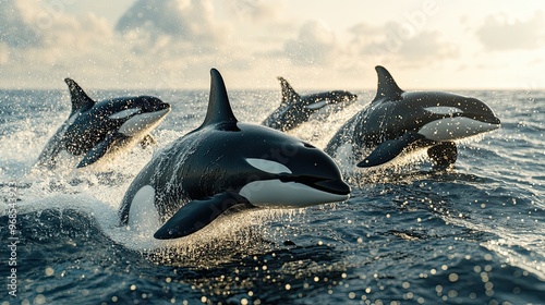 14. Photorealistic image of a pod of orcas breaching the surface of the water in a synchronized display, with splashes of water and the vast ocean horizon in the background. photo