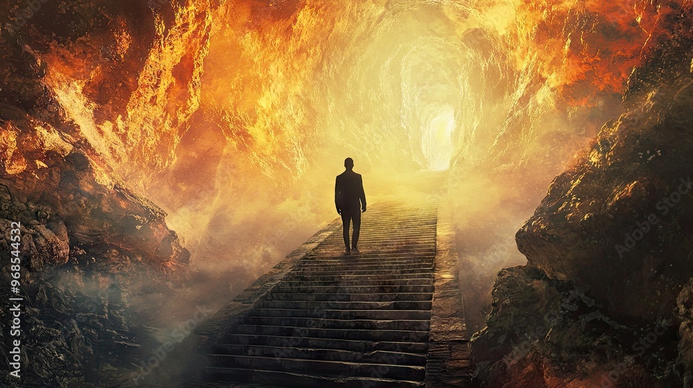 man standing infront of a mysterious stairway, leading to some magical mythical journey, cinematic, trippy, realistic man standing infront of a mysterious stairway, leading to some magical mythical journey, cinematic, trippy, realistic