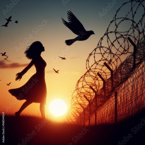 Silhouette of bird flying near barbed wire at sunset, symbolizing freedom photo