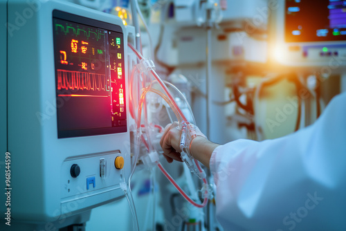 Kidney dialysis machine in use with a patient’s arm connected to the machine in a hospital room