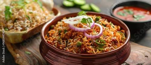 Savory rajma chawal with onion rings and pickle