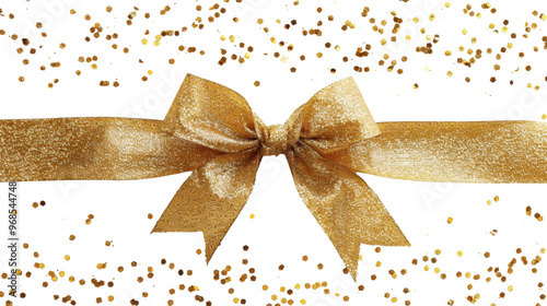 Gold satin glitter Christmas ribbon bow on transparent background