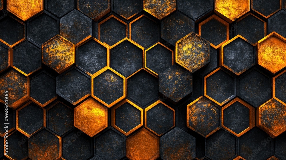 Hexagons, cascading down, metallic gold and black, spotlight from above Hexagons, cascading down, metallic gold and black, spotlight from above