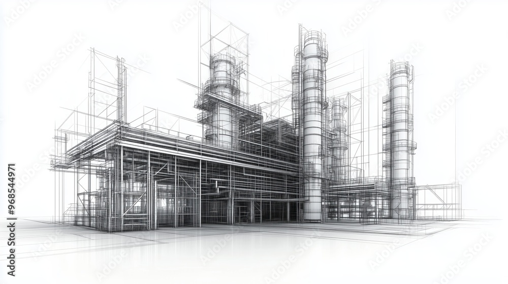 Sketch of industrial equipment rendered in wire-frame style with separated layers of visible and invisible lines Sketch of industrial equipment rendered in wire-frame style with separated layers of visible and invisible lines
