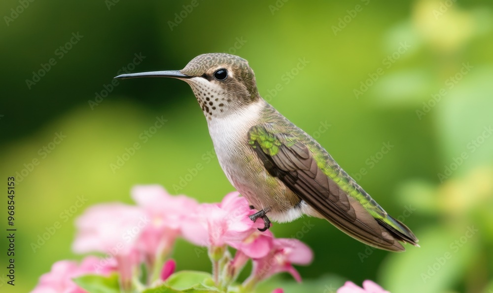 Fototapeta premium A hummingbird is perched on a flower, surrounded by other flowers