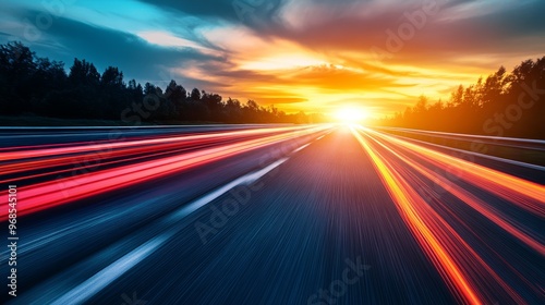 Speeding on the Highway at Sunset with Light Trails